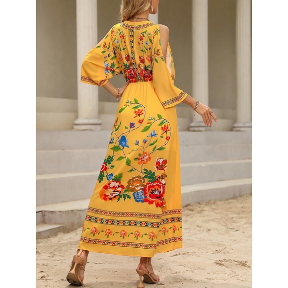boho Floral Print Cold Shoulder maxi Dress cream - Picture 3 of 12
